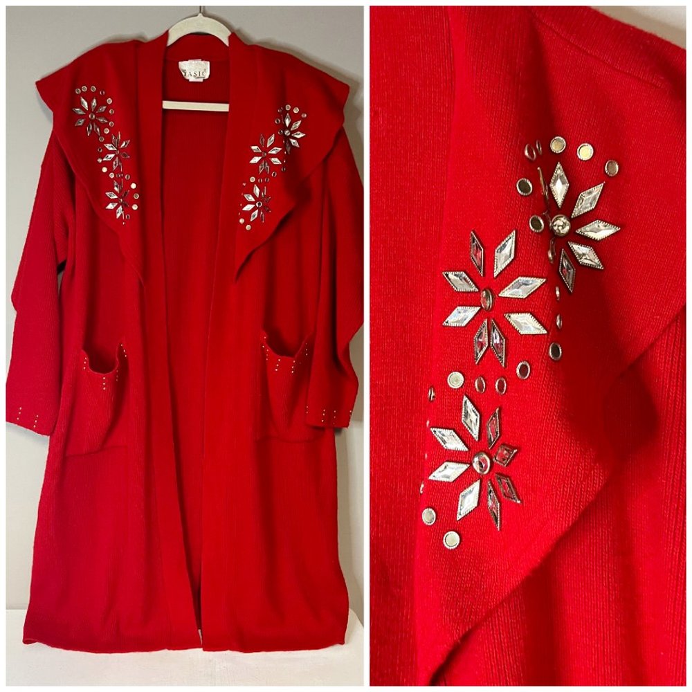 Vintage Red Snowflake Embellished Christmas Duster Cardigan